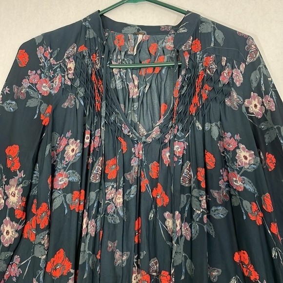 Free People Blouse, Floral Popover, Sheer, Raw Hem, Split Neck, XS - Picture 2 of 9